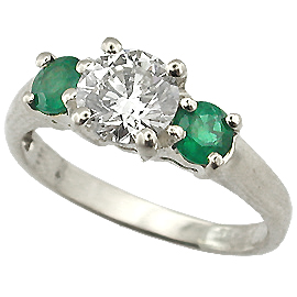 18K White Gold Three Stone Ring : 1.00 cttw Diamond & Emeralds