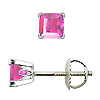 Scrollwork Style Princess Pink Sapphire Stud Earrings, 4 Prongs - 18K White Gold