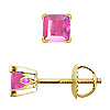 Scrollwork Style Princess Pink Sapphire Stud Earrings, 4 Prongs - 18K Yellow Gold