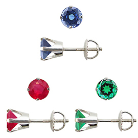 Package of 3 Gemstone Stud Earrings : 1/2 cttw Each of Emerald, Ruby and Sapphire Stud Earrings