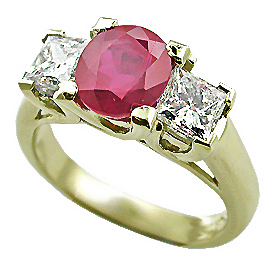 18K Yellow Gold Three Stone Ring : 1.50 cttw Rubies & Diamonds