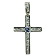 18K White Gold Cross Pendant : 1.15 cttw Sapphire & Diamonds