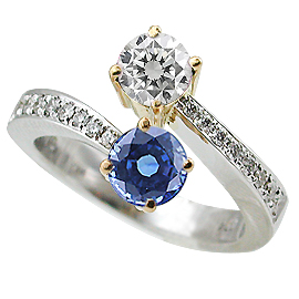 18K Two Tone Multi Stone Ring : 1.16 cttw Diamonds & Sapphire