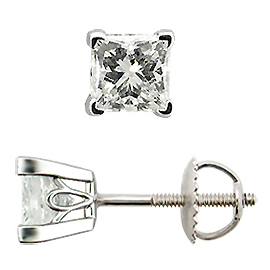 18K White Gold Scrollwork Style Stud Princess Cut Earrings : 0.75 cttw Diamonds