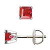 Scrollwork Style Princess Ruby Stud Earrings, 4 Prongs - 18K White Gold