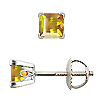 Scrollwork Style Princess Yellow Sapphire Stud Earrings, 4 Prongs - 18K White Gold