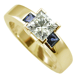 18K Yellow Gold Three Stone Ring : 1.20 cttw Diamond & Sapphires