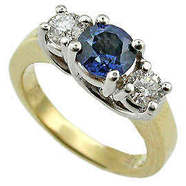 18K Two Tone Three Stone Ring : 1.50 cttw Sapphire & Diamonds