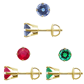 Package of 3 Gemstone Stud Earrings : 1/4 cttw Each of Emerald, Ruby and Sapphire Stud Earrings