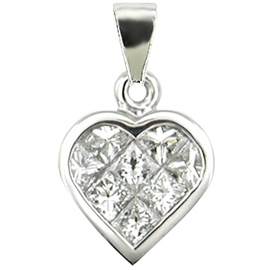 18K White Gold Heart Pendant : 0.60 cttw Diamonds, Invisible Setting