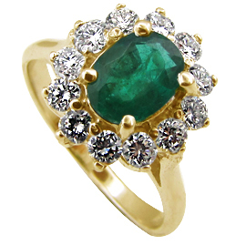 18K Yellow Gold Multi Stone Ring : 1.50 cttw Emerald & Diamonds