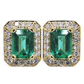 18K Yellow Gold Designer Stud Earrings : 2.60 cttw Emeralds & Diamonds