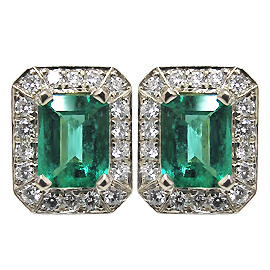 18K White Gold Designer Stud Earrings : 2.60 cttw Emeralds & Diamonds
