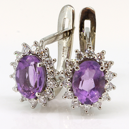 14K White Gold Hoop Earrings : 2.25 cttw Amethysts & Diamonds