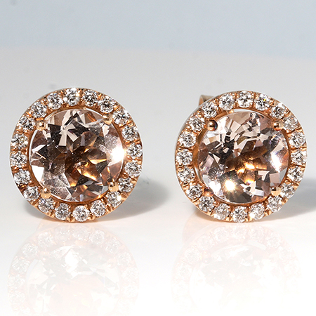 14K Rose Gold Designer Stud Earrings : 2.18 cttw Morganites & Diamonds
