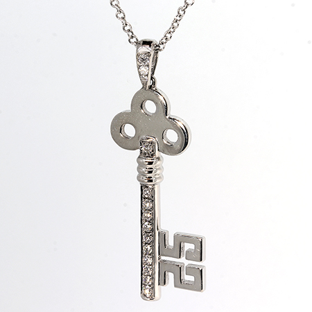 18K White Gold Drop  Key Pendant : 0.18 cttw Diamonds