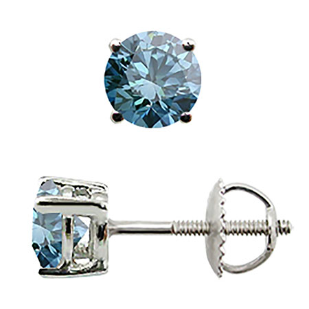 18K White Gold Stud Earrings : 0.50 cttw Enhanced Ocean Blue Diamond