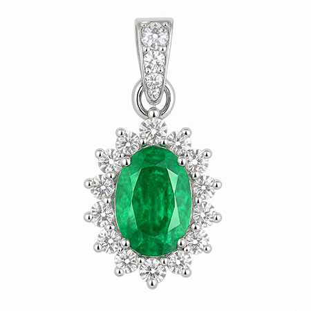 14K White Gold Drop Pendant : 0.95 cttw Emerald & Diamonds