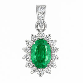 14K White Gold Drop Pendant : 0.95 cttw Emerald & Diamonds