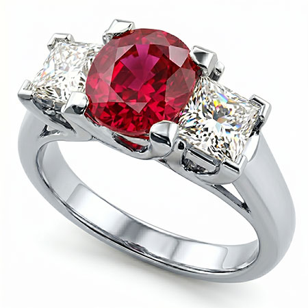 18K White Gold Three Stone Ring : 1.50 cttw Rubies & Diamonds