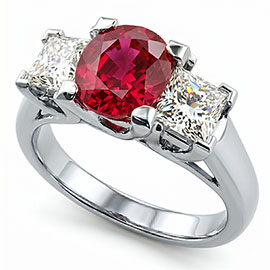 18K White Gold Three Stone Ring : 1.50 cttw Rubies & Diamonds