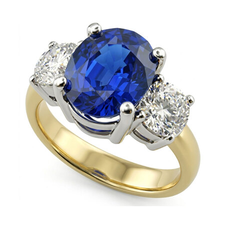 18K Two Tone Three Stone Ring : 6.90 cttw Sapphire & Diamonds