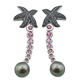 18K White Gold Drop Earrings : Pearls & Sapphires