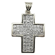 18K White Gold Cross Pendant : 3.20 cttw Diamonds, Invisible Setting