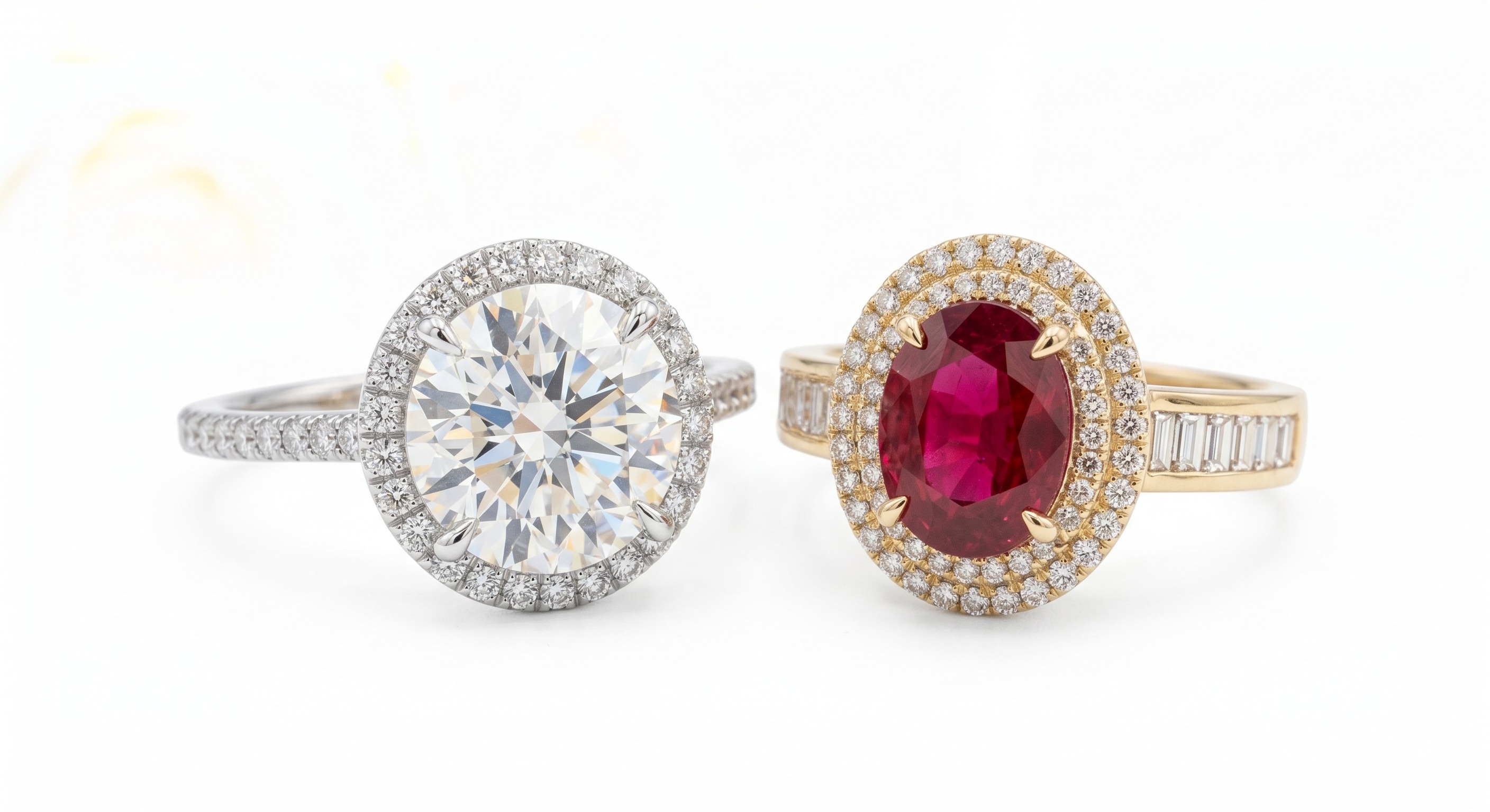 Diamond engagement ring beside sapphire, ruby, and emerald gemstone rings on a white surface