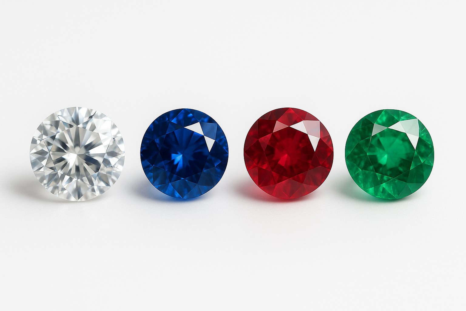 Side-by-side comparison of diamond, sapphire, ruby, and emerald gemstones showing color and clarity differences