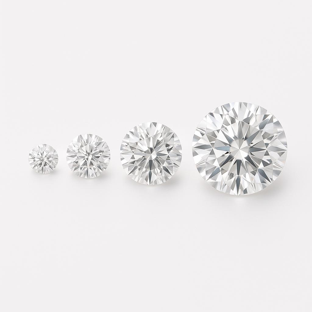 Diamond carat size comparison showing 0.50 to 2.00 carat round brilliant diamonds