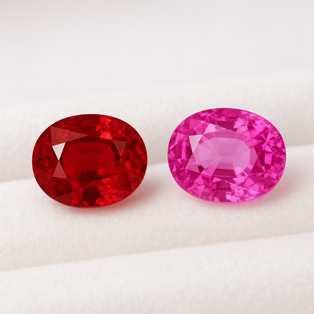 Ruby vs pink sapphire side-by-side color comparison showing red vs pink hue