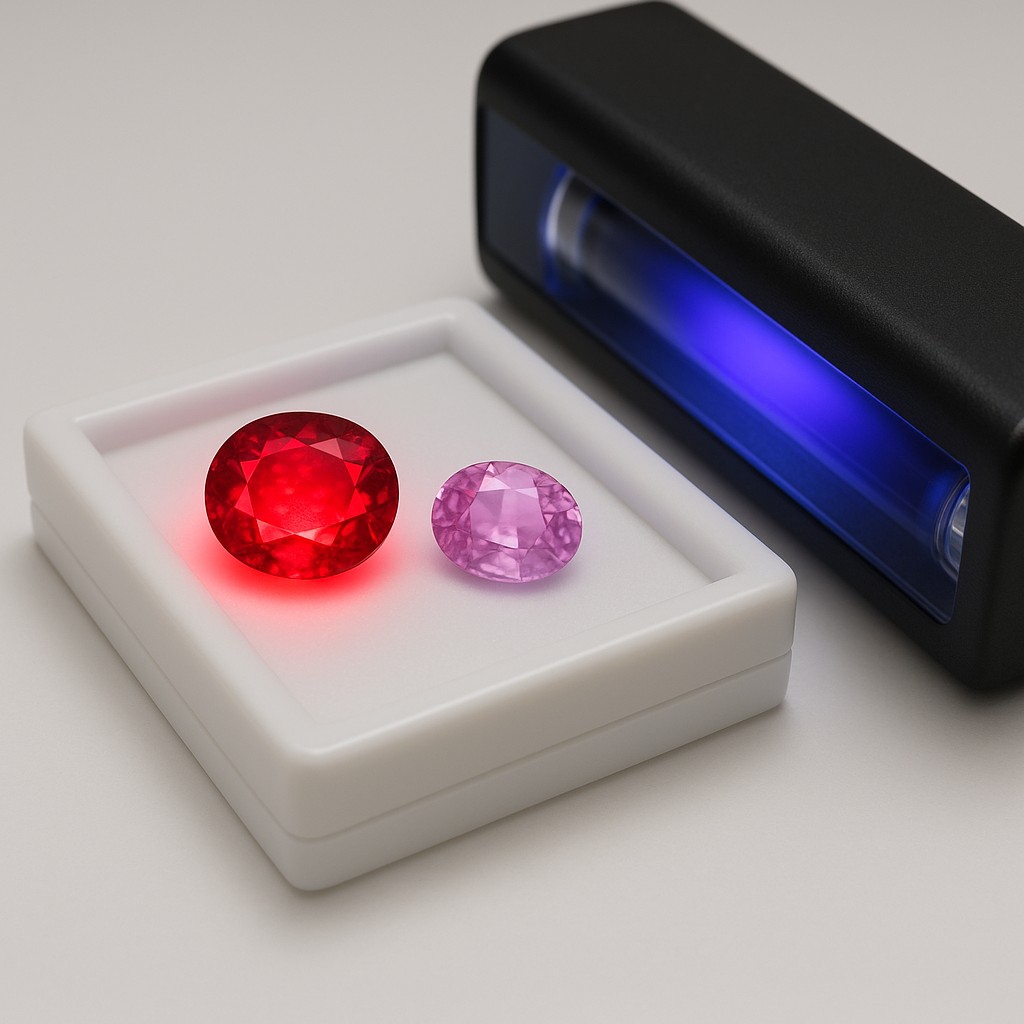 Gemologist examining a red and pink corundum stone under UV lamp to distinguish ruby from pink sapphire