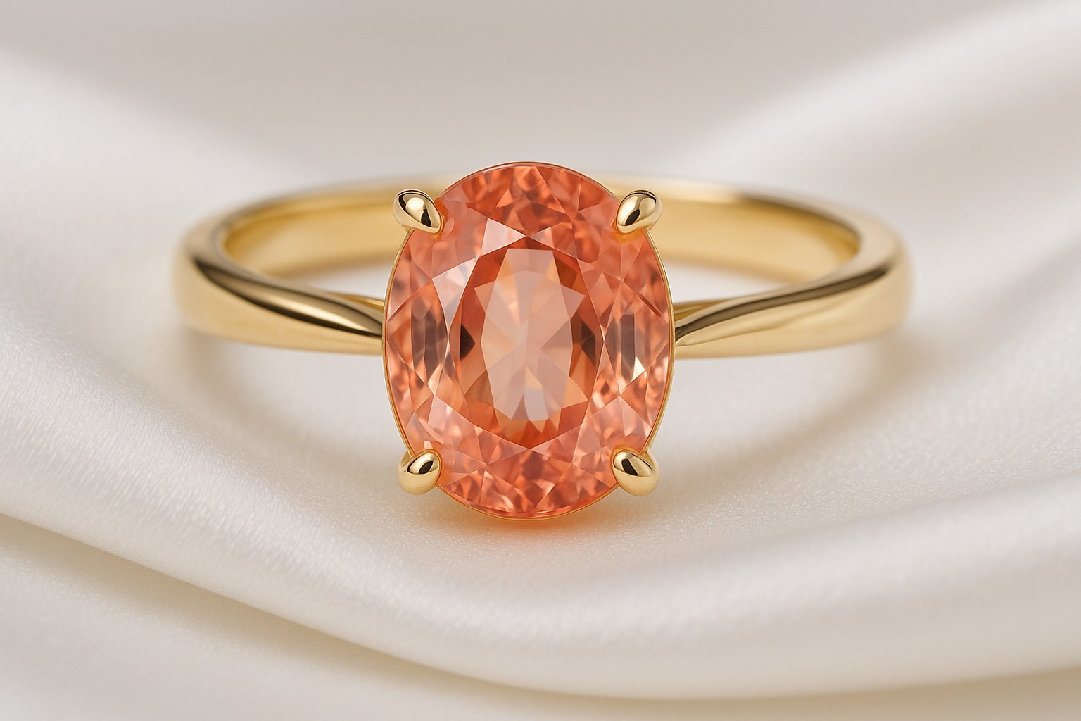 Padparadscha sapphire ring in yellow gold showing the distinctive pink-orange color